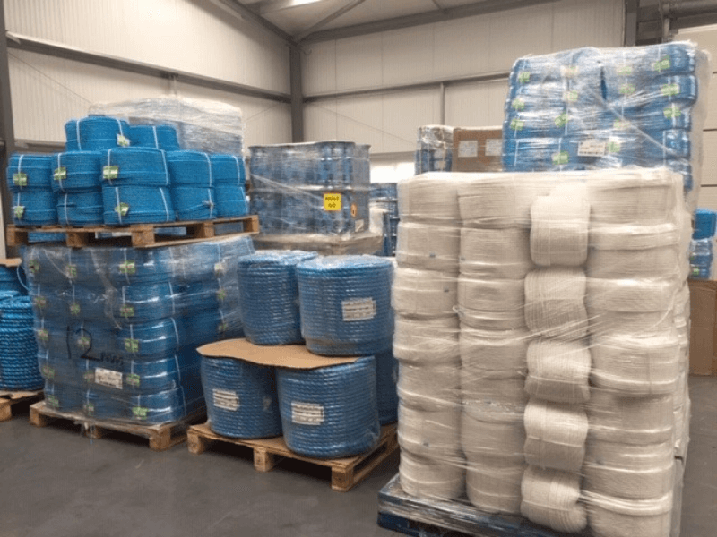 Blue and white polypropylene ropes in RopesDirect warehouse