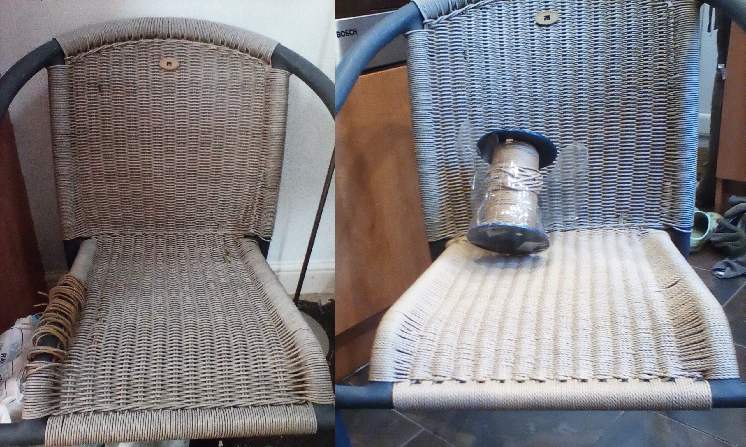 a chair seat before and after being mended