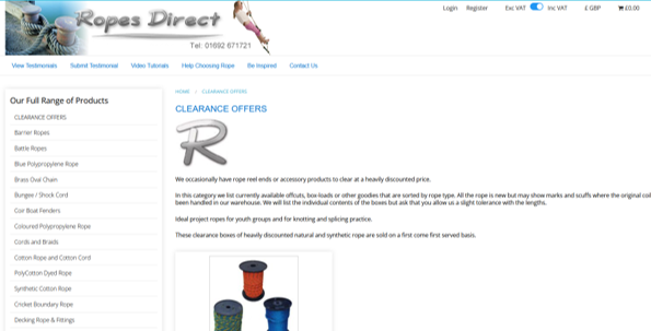 Screenshot of multicord reels Clearance Bargains at RopesDirect