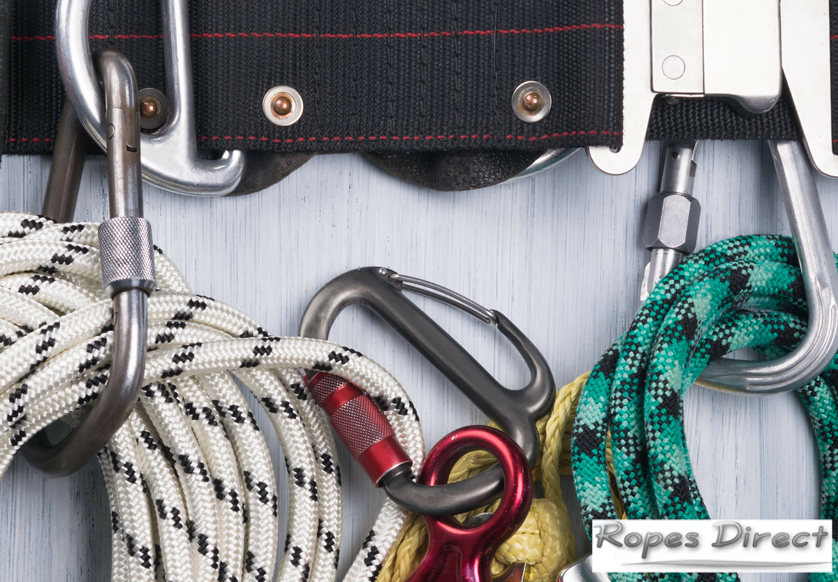 Carbine hooks being used to hold various ropes