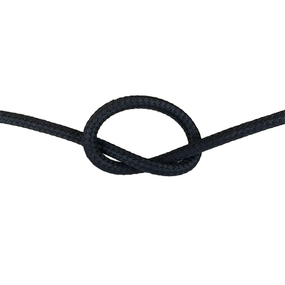 10mm black matt polyester rope in a knot on a white background