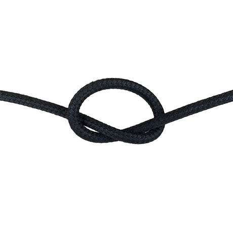 10mm black matt polyester rope in a knot on a white background