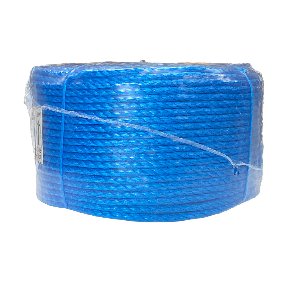 Shrink wrapped coil of 10mm blue polypropylene rope with a white background