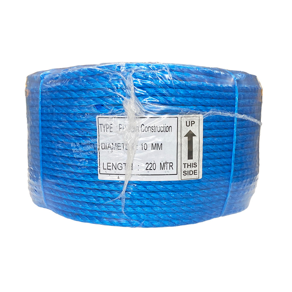 Shrink wrapped coil of 10mm blue polypropylene rope with a label on a white background