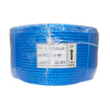 Shrink wrapped coil of 10mm blue polypropylene rope with a label on a white background