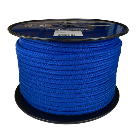 Spool of 10mm blue matt polyester rope with a blue label on a white background