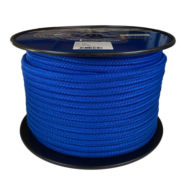 Spool of 10mm blue matt polyester rope with a blue label on a white background