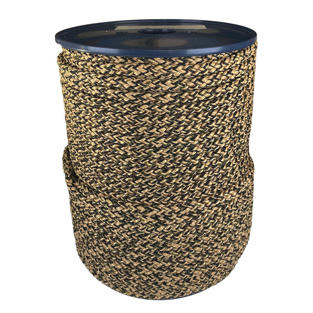 Spool of 10mm camouflage braided cord on a plastic reel with a white background