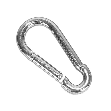 A silver metal carabiner clip on a plain white background.