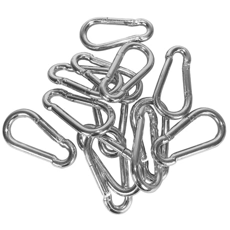 A pile of silver metal carabiners with spring-loaded gate closures, shown on a plain white background.