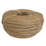 Coil of 10mm brown jute rope tied with twine against a white background