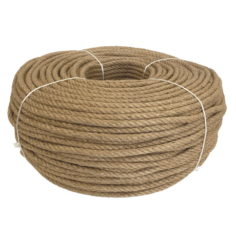 Coil of 10mm brown jute rope tied with twine against a white background