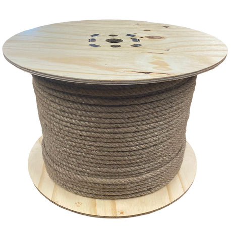A spool of jute rope on a wooden reel on a white background.