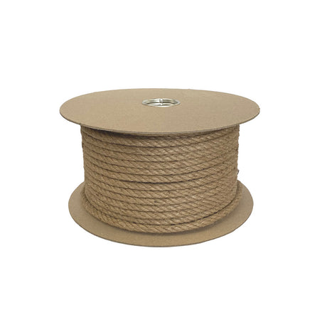 Spool of 10mm brown jute rope on a cardboard reel with a white background