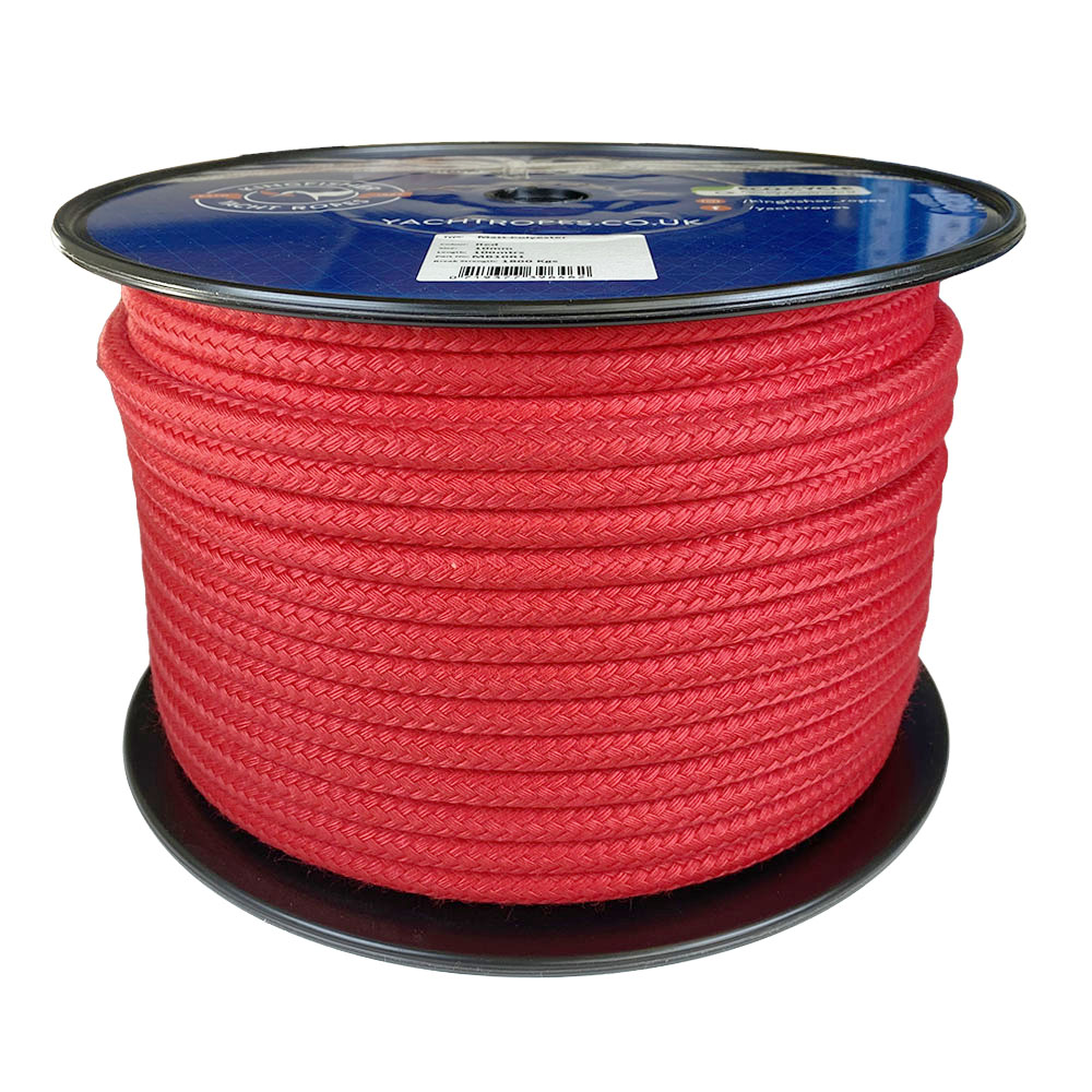 Spool of 10mm red matt polyester rope with a blue label on a white background