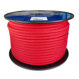 Spool of 10mm red matt polyester rope with a blue label on a white background