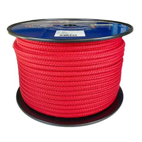 Spool of 10mm red matt polyester rope with a blue label on a white background