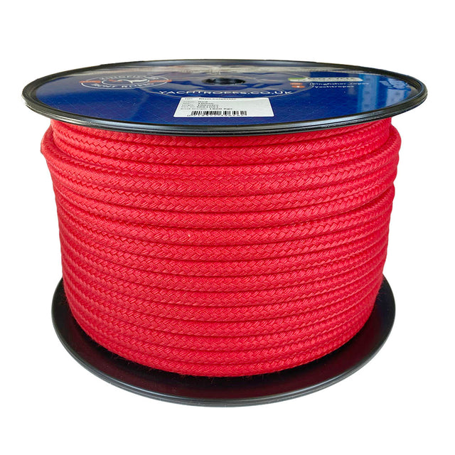 Spool of 10mm red matt polyester rope with a blue label on a white background