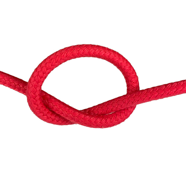 10mm red matt polyester rope in a knot on a white background