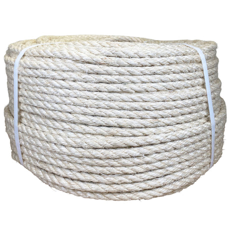 Coil of 10mm natural superior sisal rope tied with twine against a white background