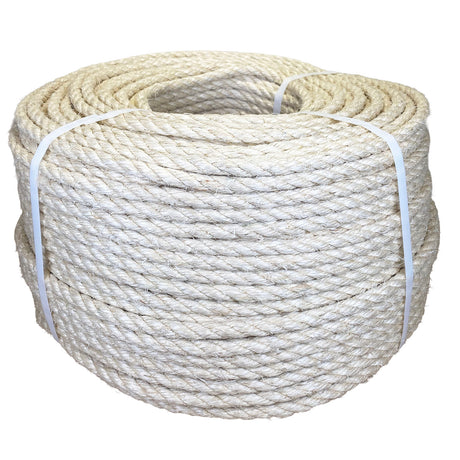 Coil of 10mm natural superior sisal rope tied with twine against a white background