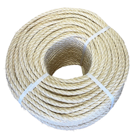 Coil of 10mm natural superior sisal rope tied with twine against a white background
