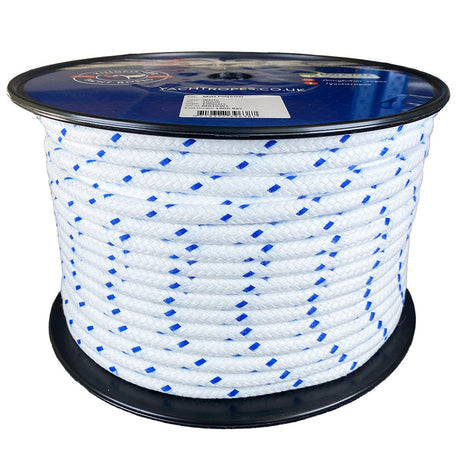 Spool of 10mm blue fleck matt polyester rope with a blue label on a white background