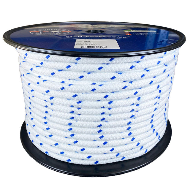 Spool of 10mm blue fleck matt polyester rope with a blue label on a white background