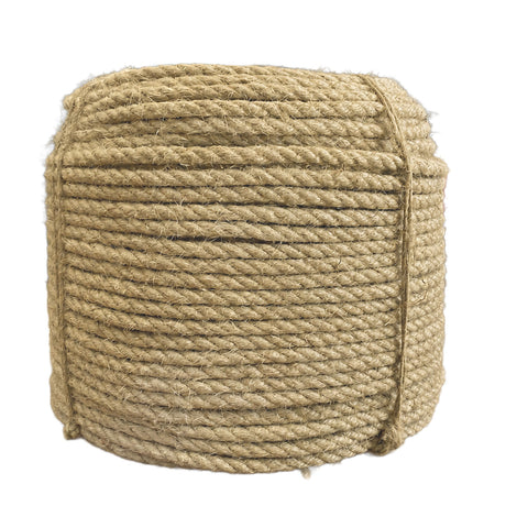 Coil of 10mm natural flax hemp rope on a white background