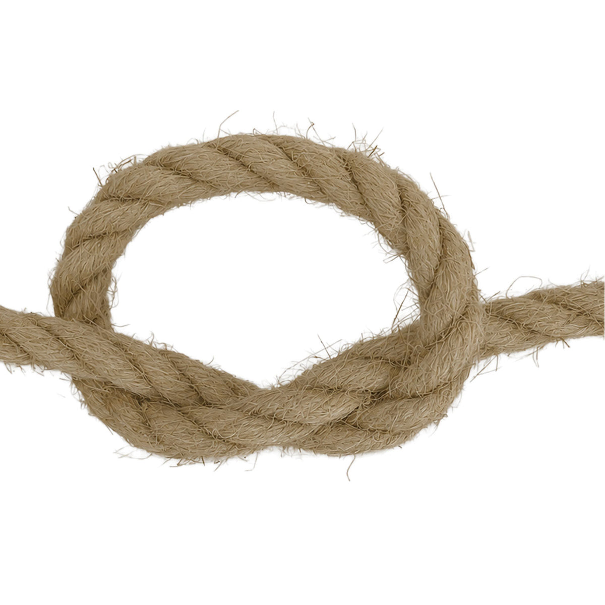 A close-up of 10mm natural flax hemp rope, arranged in a loop against a solid white background.