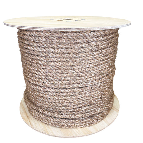 A spool of 10mm manila rope on a wooden reel on a white back ground.