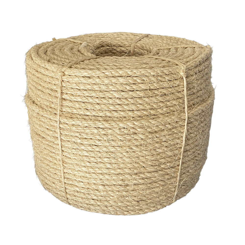 Coil of 10mm natural sisal rope tied with twine against a white background
