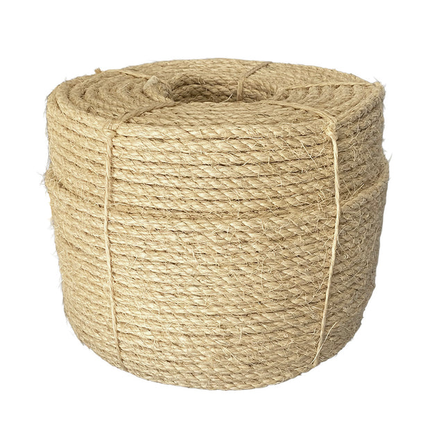 Coil of 10mm natural sisal rope tied with twine against a white background