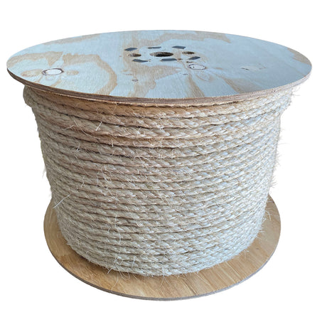 A spool of 10mm sisal rope on a wooden reel, on a white background. 