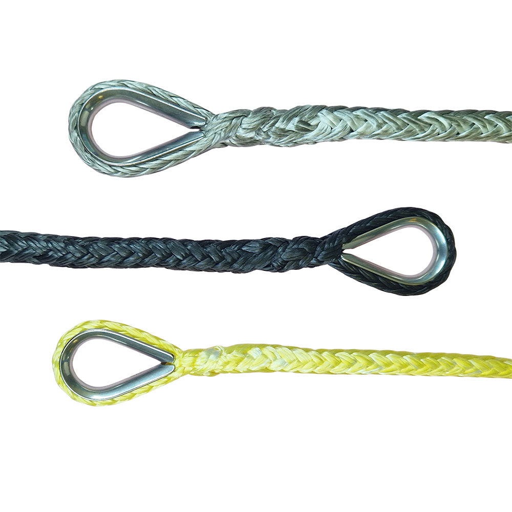Close-up of an eye splice with metal thimble in three 12-strand HMPE ropes in colours black, yellow and grey against a white background.