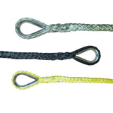 Close-up of an eye splice with metal thimble in three 12-strand HMPE ropes in colours black, yellow and grey against a white background.
