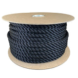 12mm black yacht rope on a cardboard reel on a white background