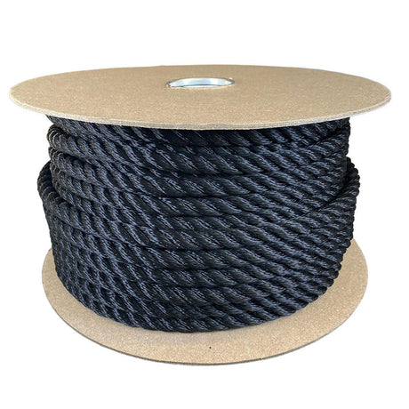 12mm black yacht rope on a cardboard reel on a white background