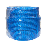 Shrink wrapped coil of 12mm blue polypropylene rope with a white background