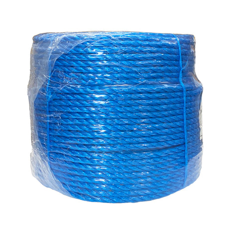 Shrink wrapped coil of 12mm blue polypropylene rope with a white background