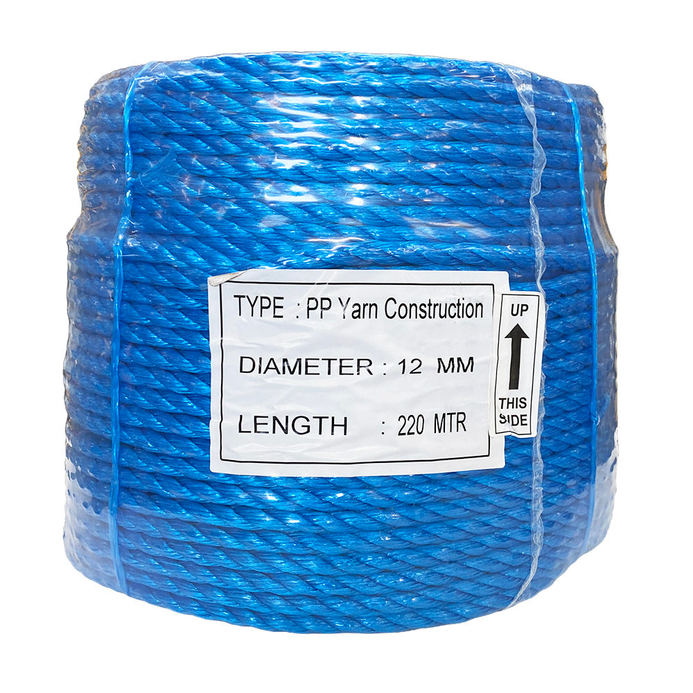 Shrink wrapped coil of 12mm blue polypropylene rope with a label on a white background
