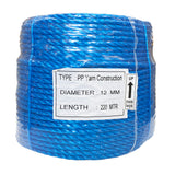 Shrink wrapped coil of 12mm blue polypropylene rope with a label on a white background
