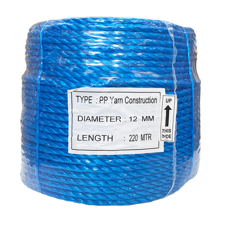 Shrink wrapped coil of 12mm blue polypropylene rope with a label on a white background