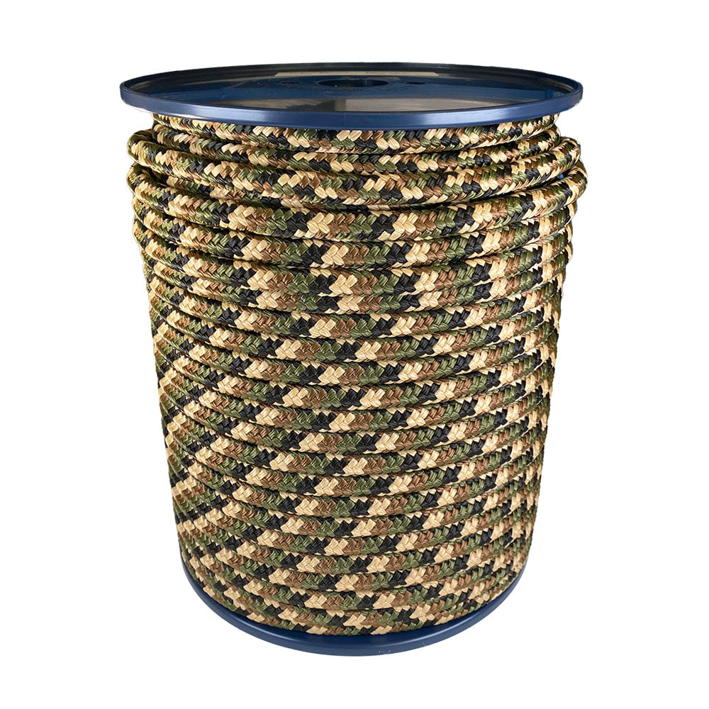 Spool of 12mm camouflage braided cord on a plastic reel with a white background
