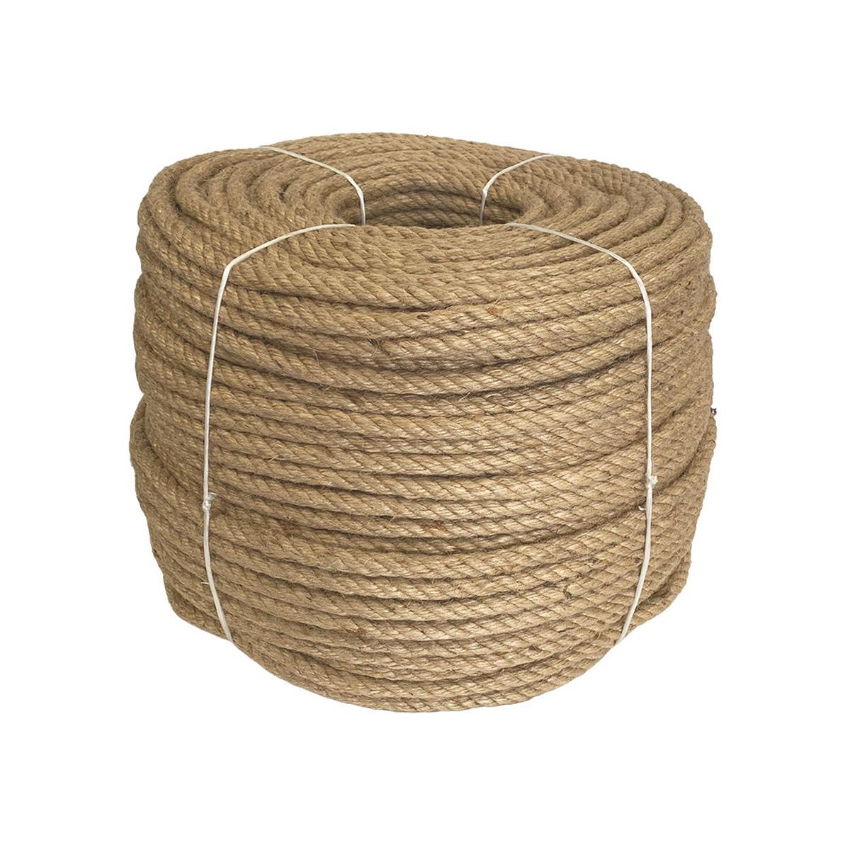 Coil of 12mm brown jute rope tied with twine against a white background