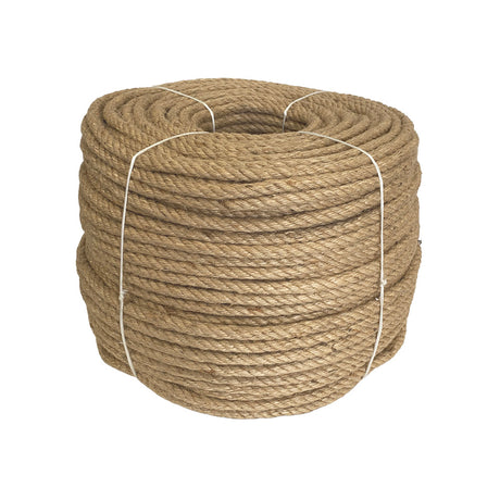 Coil of 12mm brown jute rope tied with twine against a white background