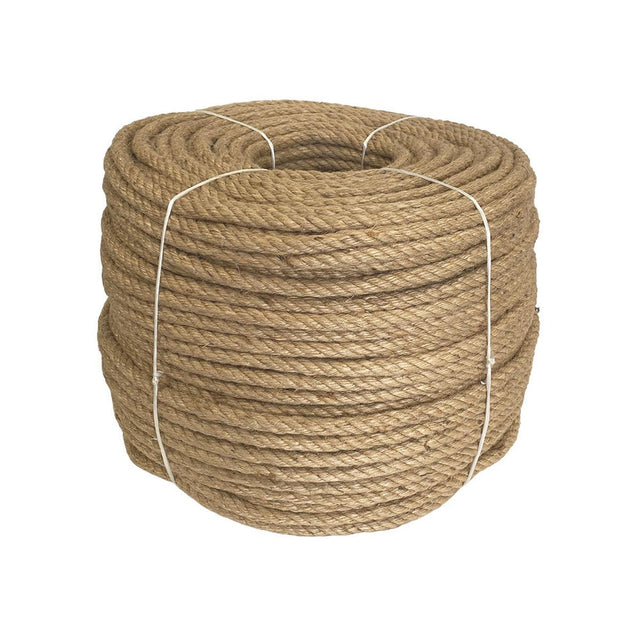 Coil of 12mm brown jute rope tied with twine against a white background