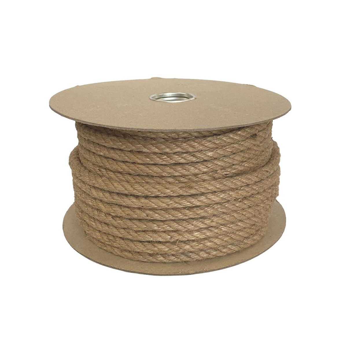 Spool of 12mm brown jute rope on a cardboard reel with a white background