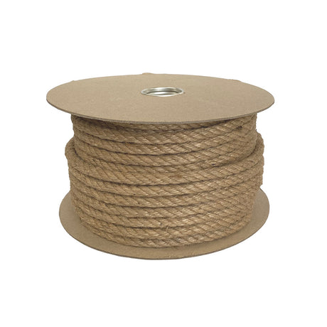 Spool of 12mm brown jute rope on a cardboard reel with a white background