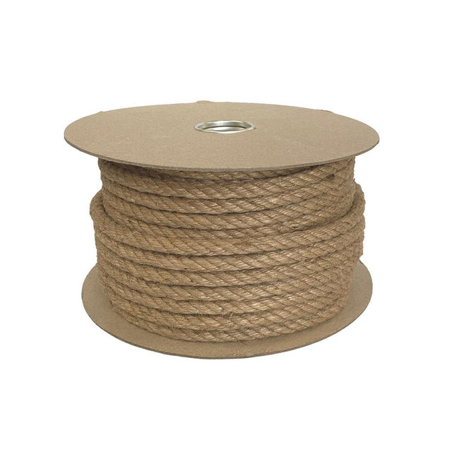 Spool of 12mm brown jute rope on a cardboard reel with a white background